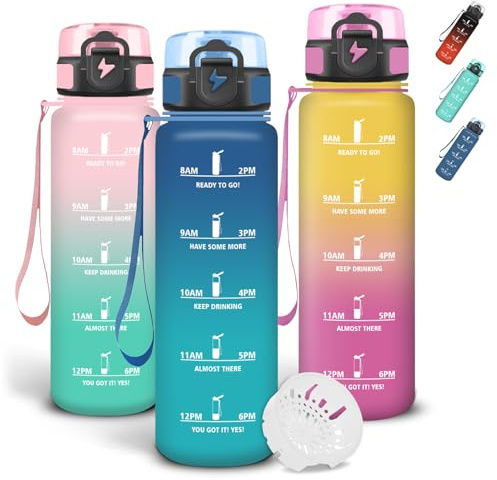 Grsta Wasserflasche 1l, Trinkflasche mit Filter, Mit Zeitmarkierung und Schnürung, Auslaufsichere Trinkflasche Sport, Sichere Verriegelung, Flasche für Arbeit, Wandern, Fitnessstudio