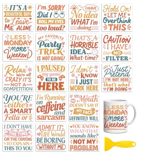Peacoblue Funny Words Rub On Transfers for Craft, Transfer Sticker | 18 Sheets UV DTF Transfers, Waterproof Rub On Decals for Wood, Glass, Furniture, Tumblers & Home Decor Crafts