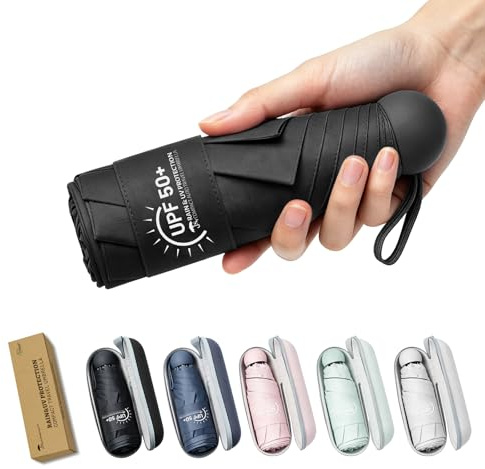 SY COMPACT Mini Travel Umbrella, UPF 50+ Rain & UV Sun Protection | Small Windproof & Lightweight Compact Sun Umbrella with Zipper Case, Fits in Purse Travel Essential for Men Women