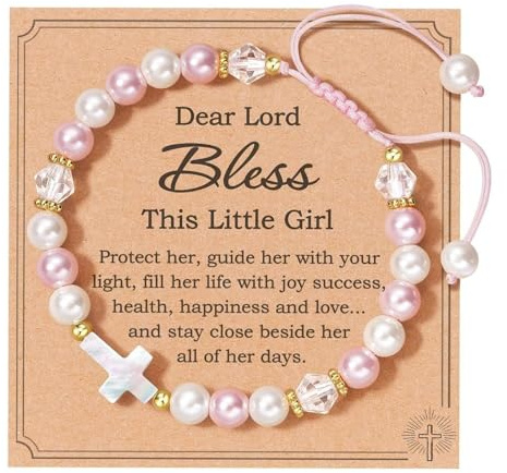 Ticome Pink White Pearl Bracelet, Women Adjustable Cross Beaded Holy First Communion Baptism Jewelry Gifts, Birthday Easter Religious Christian Jewelry