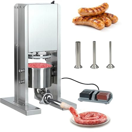 Elektrisk korvfyllare – Kraftigt rostfritt stål vertikal köttfyllning med fotpedal och 3 fyllningsrör för hem och kommersiellt bruk