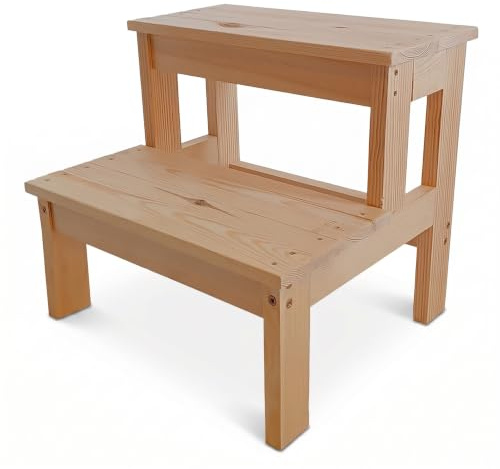 VELORA H&L Marchepied Bois 2 Marches – Hauteur Totale 40 cm, Tabouret Escabeau pour Enfant et Adulte, Marchepied Salle de Bain et Cuisine, Bois Massif, Jusqu'à 150 kg