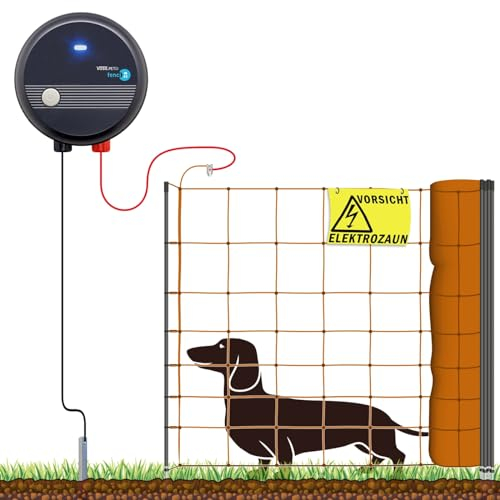 VOSS.farming 100m Hundezaun Komplettset Orange für sehr kleine Hunde, Weidezaungerät Elektronetz Erdanschlussset Warnschild Reparaturset, Garten Hütesicherheit Elektrozaun Hundezaun Hund