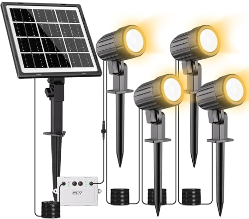 CLY Spot Solaire Extérieur Blanc Chaud, Projecteur 2 Modes Dynamiques 3 Luminosité, Lampe Jardin 5000mAh, Eclairage IP66 pour Chemin Cour Allée