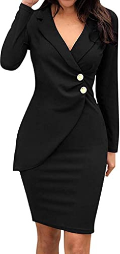 Abito da donna completo profondo scollo a V blazer casual lavoro ufficio aderente cocktail party matita midi formale set, Nero , XXL