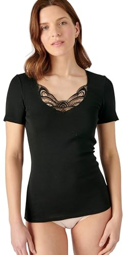 Damart Camiseta de Manga Corta de canalé Fino guipur Thermolactyl Noir L Mujer
