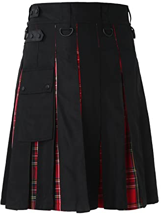Pelle PU kilt scozzese uomo tradizionale scozzese cervo scozzese tartan irlandese moderno pelle PU kilt gotico cargo gonna a pieghe uomo gonna vintage medievale, Rot, L