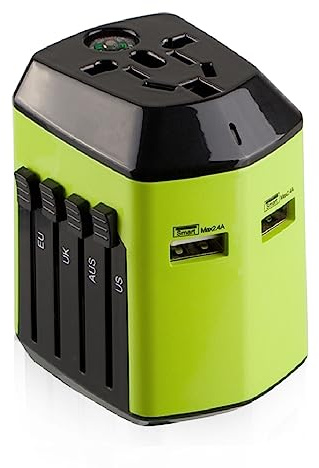 Milool Adattatore da Viaggio Universale con 2 USB Porta Adattatore Universale per UK/EU/US/Aia Più di 180 Paesi Adattatore Presa All-in-One Forma della Casa (Verde)