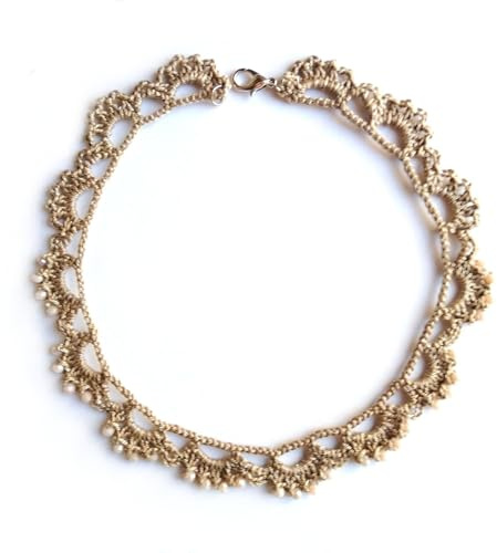 collana da donna, Gioielli all'uncinetto, girocollo di pizzo con cristalli di vetro, beige, Made in Italy, Bijoux da donna, Lavorazione Artigianale
