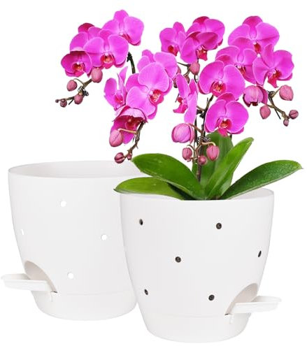 Vanslogreen 6 Inch Orchid Pots with Holes, 2 Pack Self Watering Planters for Orchids Plastic Orchid Pot Plant Flower Pots for Orchids Indoor Outdoor (White)
