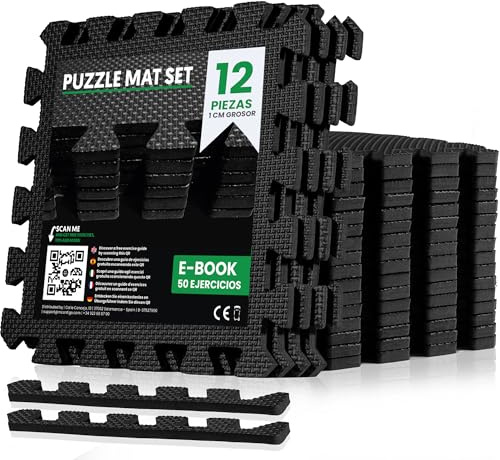 unycos - Alfombra Puzzle EVA 12 Piezas 30 x 30 x 1 cm, Esterilla Modular para Protección del Suelo y Ejercicio Ligero en Casa, Expandible, Fácil de Limpiar (Negro | 1,08 m²)