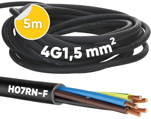 5 Meter Kalitec H07RN-F 4x1,5 mm² Gummileitung mit Schutzleiter für Außenbereich I Elektrokabel schwarz Baustellenkabel flexibel I UV- und ölbeständig I Anschlussleitung 4G1,5 Gummikabel 4 adrig