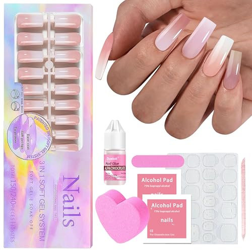 Set di punte finte per unghie – 150 pezzi Press on Nails French Medium Almond, bianco rosa gradiente design per unghie Full Cover acrilico unghie artificiali per donne e ragazze (quadrato rosa, 150