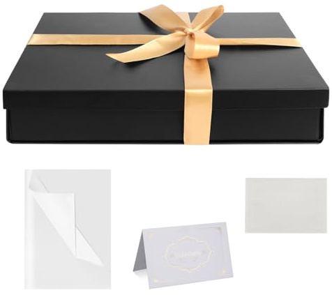 Scatola Regalo Nero con Coperchi 31 x 22 x 6 cm Grande Scatola Regalo con Nastro Carta Velina Biglietti Auguri per Natale Compleanno Matrimonio