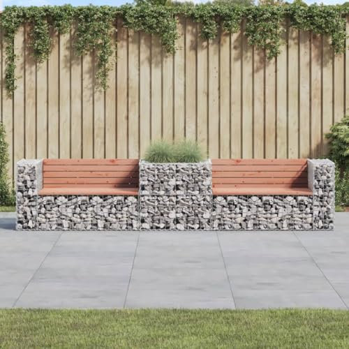 Homgoday Garden Bench with Gabion Basket, Solid Wood Douglas Base, Galvanised Steel Mesh Grid, for Outdoor Living Space