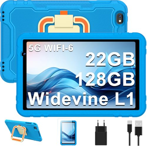 JUEDUR Tablet 10 pollici, Android 14 tablets, Octa-Core, 22 + 128GB (TF 1TB), Controllo Parentale, 8000mAH, Widevine L1, 5G WiFi6, BT 5.0, 5+8MP, EVA custodia protettiva resistente agli urti.(blu)