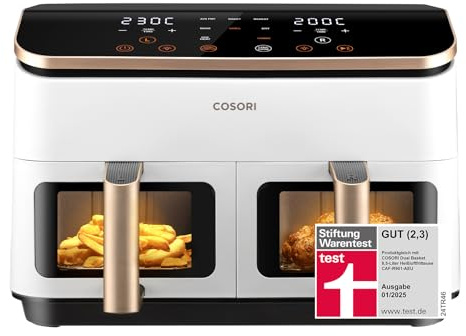COSORI Heißluftfritteuse 2 Kammern, Testsieger der Stiftung Warentest, 8,5 L 6-in-1 Airfryer mit Sichtfenster, Schwarz-weiß