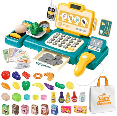 Cash Register Toy for Kids,Toddler Pretend Play Store with Real Calculator,Scanner,Play Food,Money & Credit Card,Supermarket Checkout Set,Math Skills Learning Toys,Birthday Gift for Boys Girls (Green)