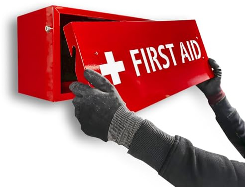 MegaMaxx UK Wall Mounted First Aid Supplies Cabinet – Red Steel Box with White Cut-Out Text – Large First Aid Storage Solution – 540mm Wide – UK Made