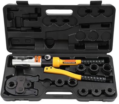 Rörpress, manuell presstång 10T, presstång set med 9 pressbackar, V-typ 12–28 mm TH-typ 16–32 mm, hydrauliskt pressverktyg för kopparrör, kompositrör (gul)