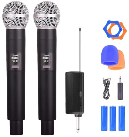 GOEDCH Micrófono de Karaoke inalámbrico micrófono de Mano dinámico Recargable, Sistema de micrófono dinámico metálico inalámbrico Dual con cancelación de Ruido para Karaoke, Canto, Fiestas, Bodas, DJ