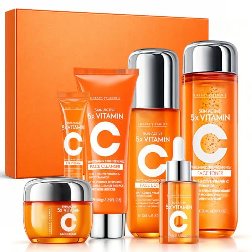 Set Cura del Viso alla Vitamina C 6 Pezzi, Kit Completo con Detergente Viso, Tonico, Siero, Lozione, Crema Viso e Contorno Occhi, Idratazione Quotidiana, Pelle Luminosa, Idea Regalo Donna
