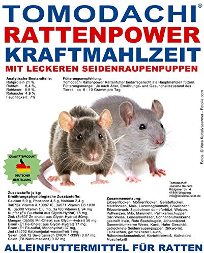 Rattenfutter mit tierischen Proteinen, Seidenraupen, Alleinfutter für die Ratte, Hauptmahlzeit - wenig Pellets, viel Gemüse, Möhrenflocken, Erbsenflocken, Tomodachi Rattenpower Kraftfutter 5kg Sack