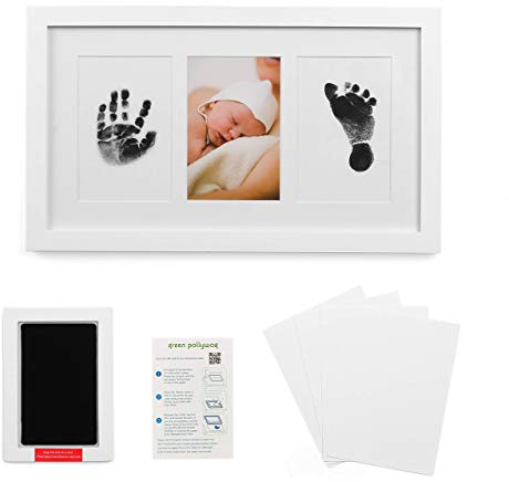 Green Pollywog | Baby handavtryck och fotavtryck kit | Elegant vit bildram | giftfri | bläckfritt fotavtryck | baby fotavtryck ram | nyfödd fotavtryckssats | baby bläckdyna | hundtassavtryck