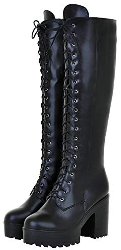 Womens Knee High Chunky Platform Goth Boots Punk Combat Boots-black size 6