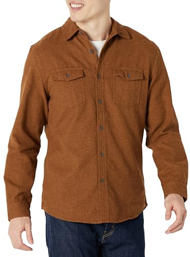 Amazon Essentials Men's Slim-Fit Flannel Long-Sleeve Shirt, Two-Pocket, Plaid, Toffee Brown, L