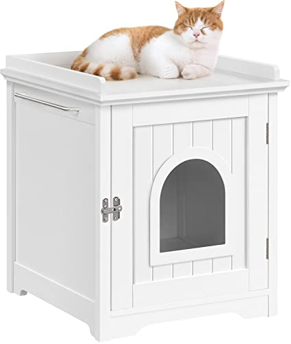 Yaheetech Hidden Cat Litter Box Enclosure, Wooden Pet Litter Cabinet Tray with Raised Edges, Holes & Side Bar for Small Kitty or Medium Cat Use, Bedroom, Bathroom & Living Room