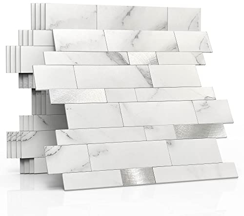 M MOFIT 3d Selbstklebende Wandfliesen Küche,Matte Marmor Mosaikfliesen Selbstklebend Steinoptik Metro Fliesen Ziegel Wandaufkleber Bad Wasserdichte(10 Matten,Weiß）