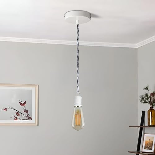 LEDSone Vintage E27 Pendant Light Fitting Black & White Twisted Cable | Adjustable 95cm Ceiling Lamp Holder for Kitchen Island Bar Loft Home Decor