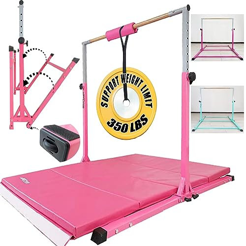 Seliyoo Barra de gimnasia plegable, barras horizontales de 5 pies/6 pies, barra de entrenamiento ajustable para niños para adolescentes y adultos de 3 a 20 años, diseño plegable único con ruedas