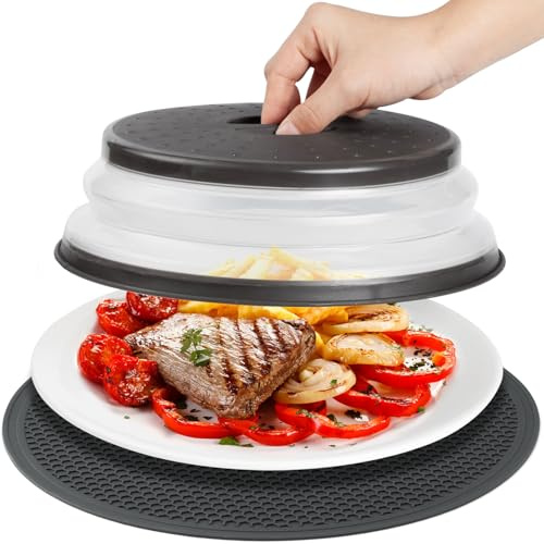 MAGJIUKE Microwave Splatter Cover & Silicone Mat – Collapsible, Vented, Reusable Food Guard and Plate Cover with Heat-Resistant Trivet for Pots, Pans, and Kitchen Counter, Black