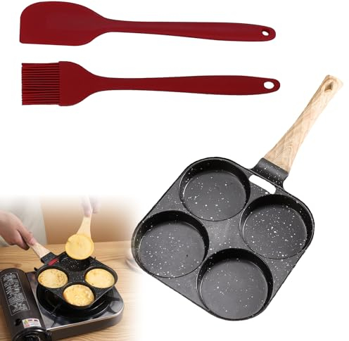 Nizirioo Padella antiaderente a 4 fori. Pancake con pennello ad olio in silicone e spatola, padella per uovo fritto, padella con manico in legno, per fornello a gas (nero, 34 x 18 cm), JDG-148