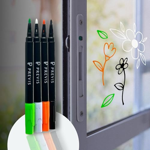 PREVIS Pennarelli Gesso Liquido Cancellabili per Vetro Lababili - Set di 4 Pennarelli a Punta Fine (Bianco, Nero, Arancione e Verde)- Pennarello per Finestre Lavabile - Ideali per Creare Arte Vivace