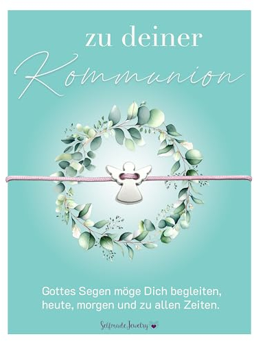 Selfmade Jewelry Armband auf Kommunionkarte als Kommunion Geschenk Mädchen Junge Erstkommunion - handgemacht in Deutschland (Engel Silber - Rosa)