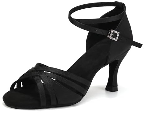 YCALCP Kvinnor Flickor Damer Ballroom Latin Tango Dansskor Klackade Salsa Latin Dans Öppna Tå Skor,L3049-Svart-7.5cm,EU 36