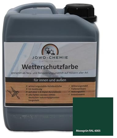 JOWO-CHEMIE Peinture de protection contre les intempéries (5 kg) Peinture pour bois, clôture, jardin sur bois de toutes sortes, Grand choix de couleurs Peinture acrylique (vert mousse)