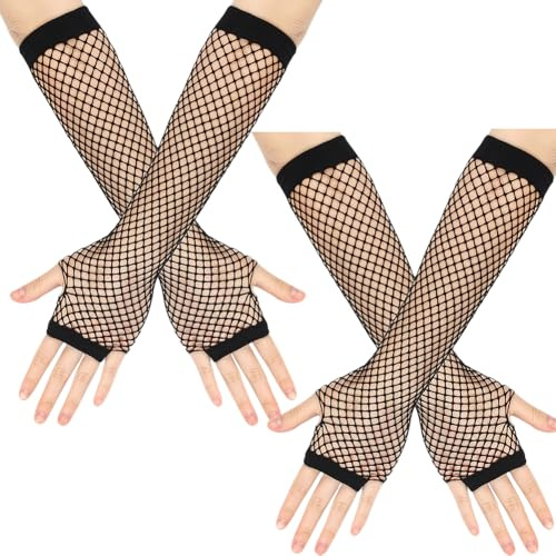 FSSTUD 2 Pairs Long Fingerless Fishnet Mesh Gloves Fish Net Arm Sleeves 80s Party Costume Gloves Halloween Cosplay Mesh Gloves Black