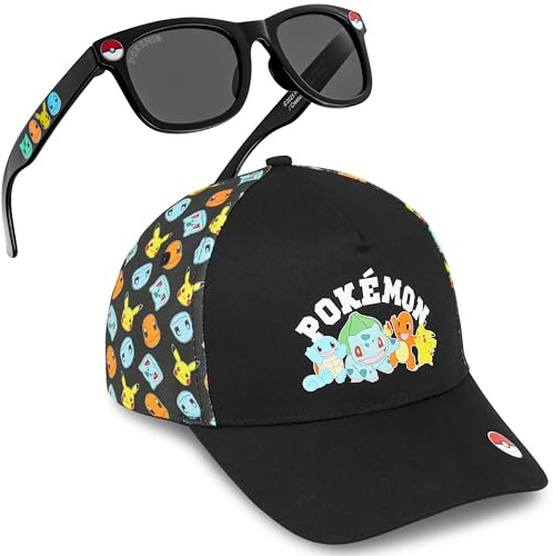 Get Trend Pokemon Baseball Cap Kids Sunglasses Set Anime Boys Hat 100% UV Protection Pikachu Holiday Accessories Boys Gifts (4-12 Years, Black Pokemon Set)