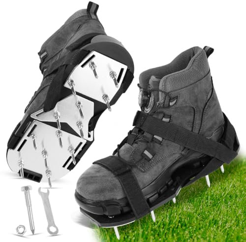 URAQT Lawn Aerator Shoes, Aluminum Alloy Sole Grass Spike Shoes, 45mm Spiked Garden Lawn Aerator with Hook and Loop Straps, One Size, No-Installation with Small Shovel for Patio Terrace Garden