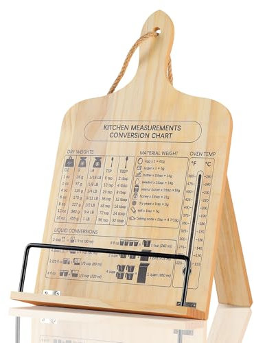 comfoyar Cookbook Stand for Kitchen, Wooden Recipe Book Holder with Measurement Conversion Chart, Foldable Cook Book Stand for Display Reading, Hangable, Gifts for Women Mom Wife Friends