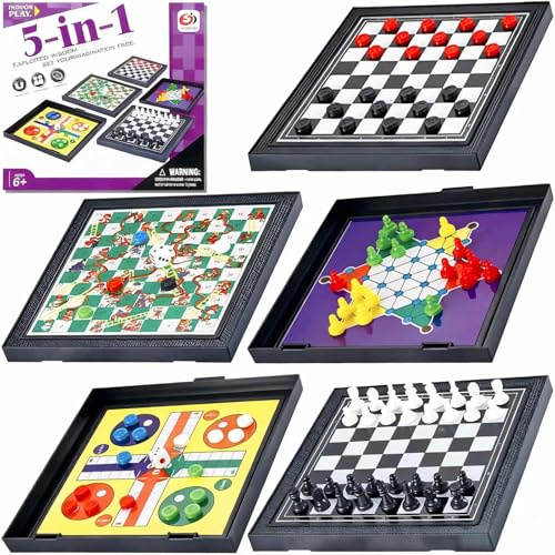 saijer Snakes and Ladders, 5 in 1 Reisespiele Magnetic Spiel Mini Ajedrez Spielesammlung Kinder Reisespiele Magnetisch tragbar Multifunktional Schlangenschach Flugschach Faltbar Brettspiele