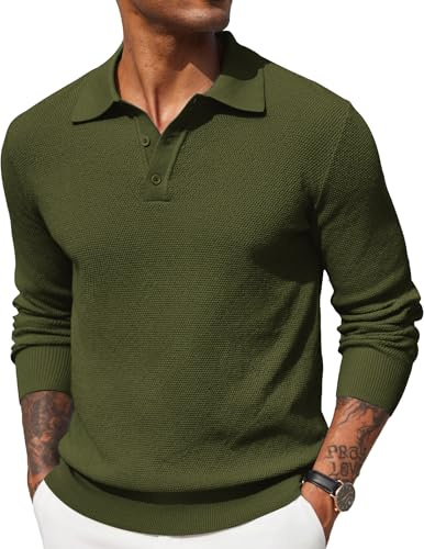 COOFANDY Mens Polo Jumper Long Sleeved Poloshirts Fine Knit Sweater Winter Sweatshirts Green L