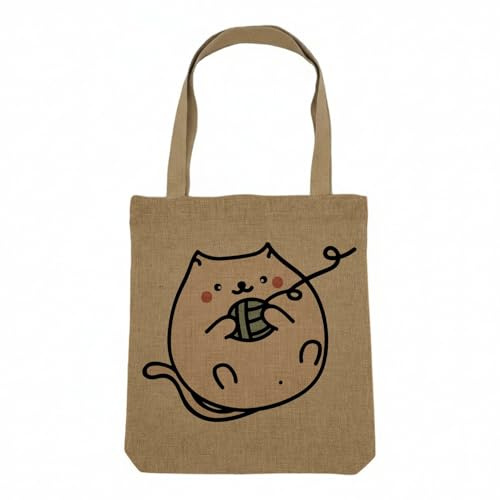 Fabulous Shoppingväska toteväska med linneutseende - katt ullnystan söt kawaii ritning - shoppingväska tjock canvas 360 g naturlig beige fodral sliten solid axel tryckt i Frankrike
