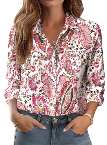 Zeagoo Camisas Mujer Manga Larga Elegante de Flores Cuello Camisero Top | Básica Elegante Partes de Arriba| Abotonada | Antiplanchado | Camisas de Negocios