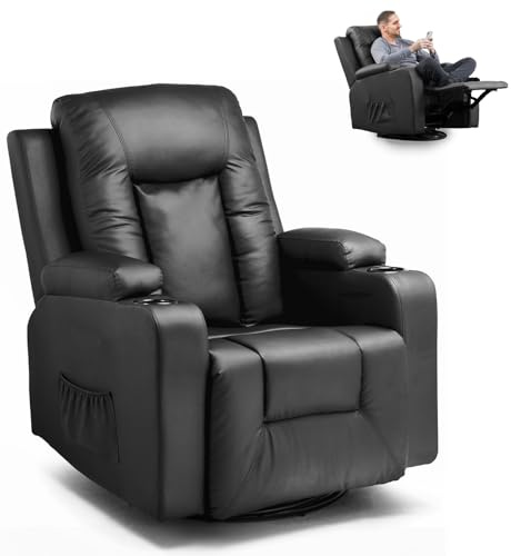 GTPLAYER Sillón de Relax con Respaldo Regulable y Reposapiés, Giratorio 360° en PU, Portavasos y Bolsillos Laterales, Silla Inclinable para TV, Silla de Lectura para Dormitorio, Negro