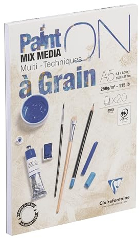 Clairefontaine - Ref 975048C - Paint'ON Multi-Technique Paper with Grain Glued Pad (20 Sheets) - A5 Size, 250gsm Heavyweight Paper, Extra White Acid Free, pH Neutral